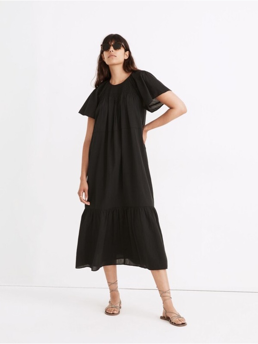 Embroidered Smocked Midi Dress